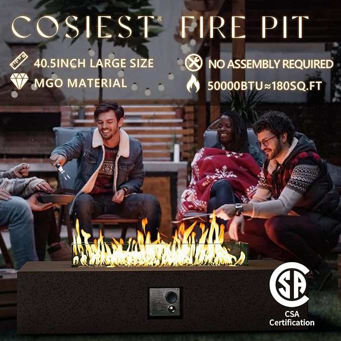 COSIEST 56 x 28 inch Outdoor Propane Fire Pit Coffee Table w Concrete Rectangle Base, CSA Certified, 50,000 BTU, Free Lava Rocks and RainCover, Fits 20lb Tank Outside, Wind Guard, Tank Cover, Brown