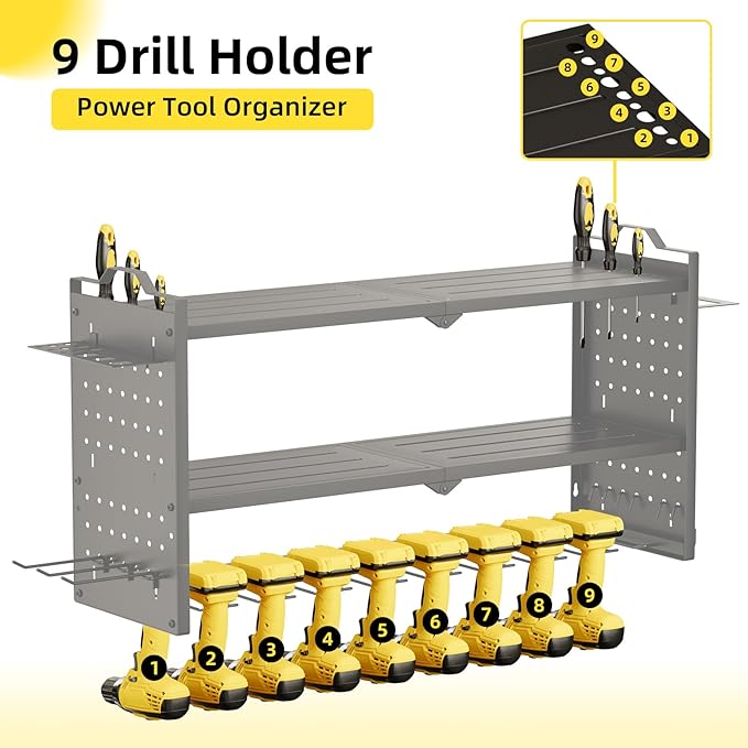 Power Tool Organizer Wall Mount with 9 Drill Holder, Cordless Tool Organizer and Storage Rack, Garage Heavy Duty Metal Shelf Organization for Battery, Tool Box, Hammer, Screwdriver（Black）