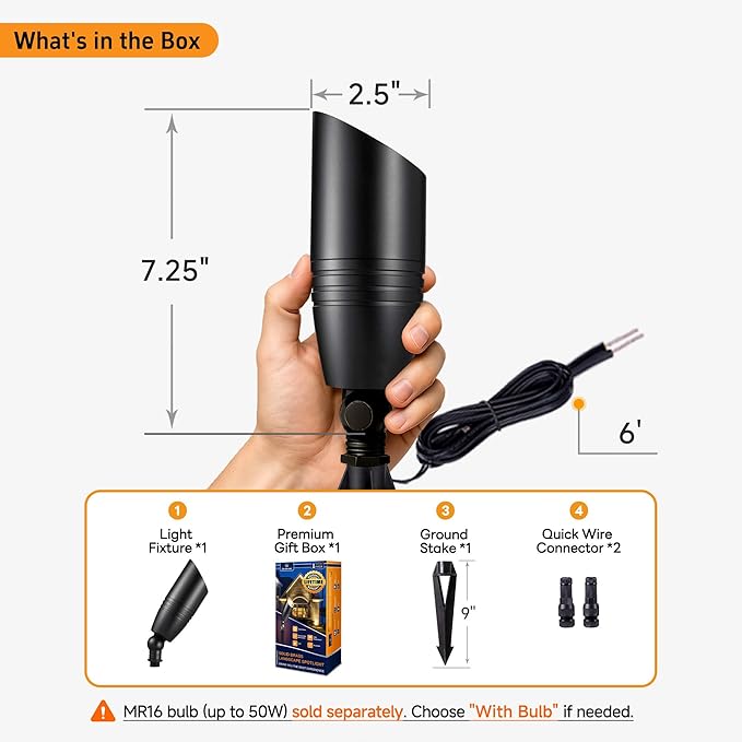 Spot Light Brass - Outdoor Landscape Spotlights LED, 12V Low Voltage Landscaping Uplights, Hard-Wired All Weather Black for Backyard Lawn with No Bulbs (8 Pack)