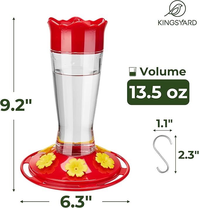 Kingsyard 2 Pack Glass Hummingbird Feeder for Outdoors Hanging - 6 Bee Guard Feeding Ports & Built-in Ant Moat, Wild Bird Feeder for Outside Garden Yard Patio 14 Oz, Updated Red