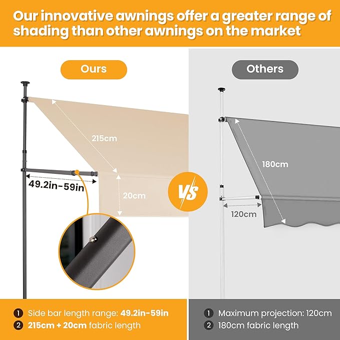 HOMEDEMO Manual Retractable Awning 98" W x 118" H,Side Bar 47-59in Patio Awning Retractable Outdoor Sunshade Shelter Height Adjustable Sunsetter Retractable Awning UV Protection for Backyard Garden