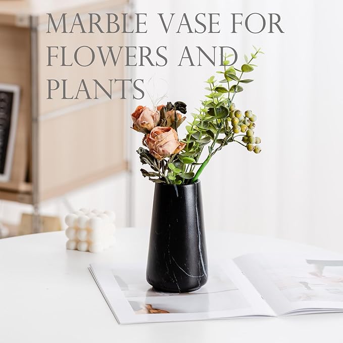 Marble Black Vase - Black Flower vase, 6" Small Simple Modern Ceramic Vases for Flower/Pampas Grass, Minimalist Farmhouse Boho Vase for Centerpieces, Home Decor, Bathroom Decor