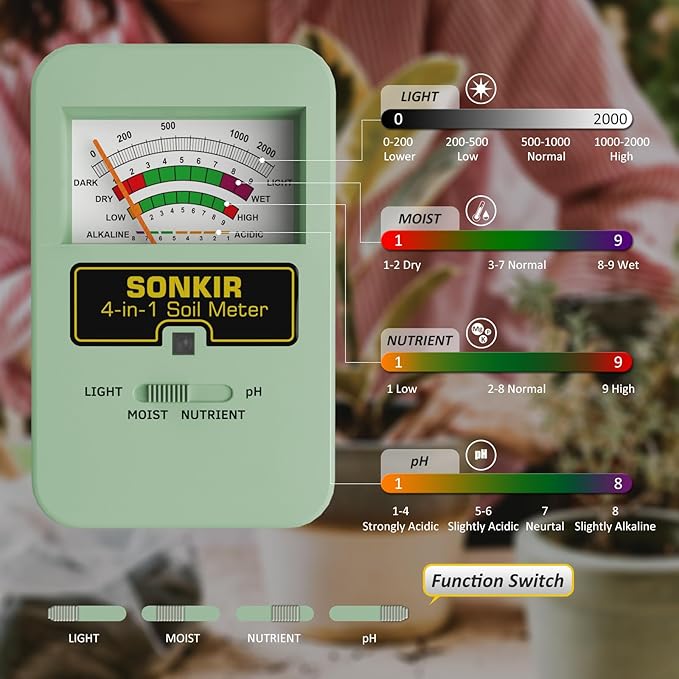 Soil Moisture Meter, 4-in-1 Soil Ph Meter, Soil Tester for Nutrients, Moisture, PH and Light, Soil Ph Test Kits for Plant, Great for Garden, Indoor & Outdoor Use (No Battery Required), Green