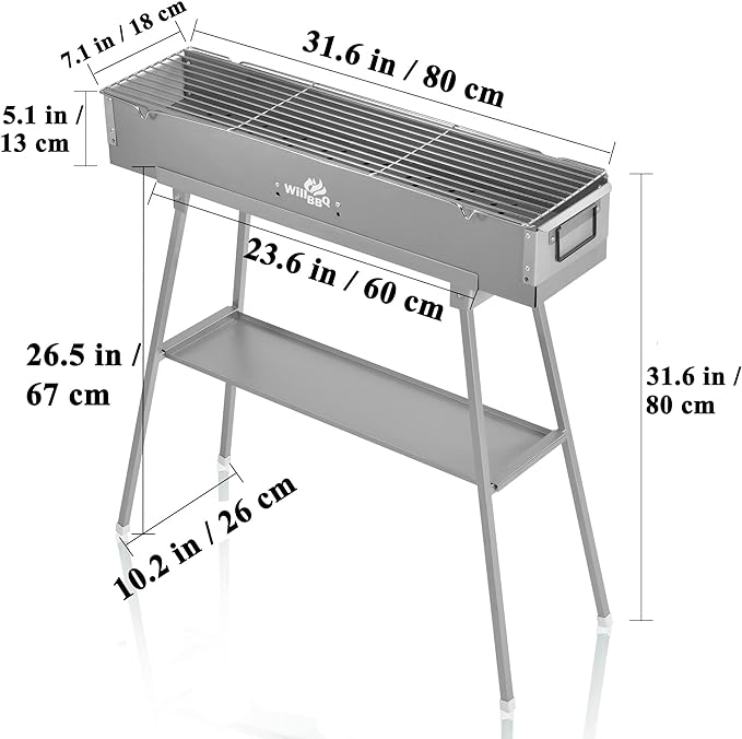 Charcoal Grills Commercial Quality Portable Multiple Size Hibachi BBQ Lamb Skewer Folded Camping Barbecue Grill for Garden Backyard Party Picnic Travel Outdoor Cooking Use(31.6x7.1x5.1 inch)