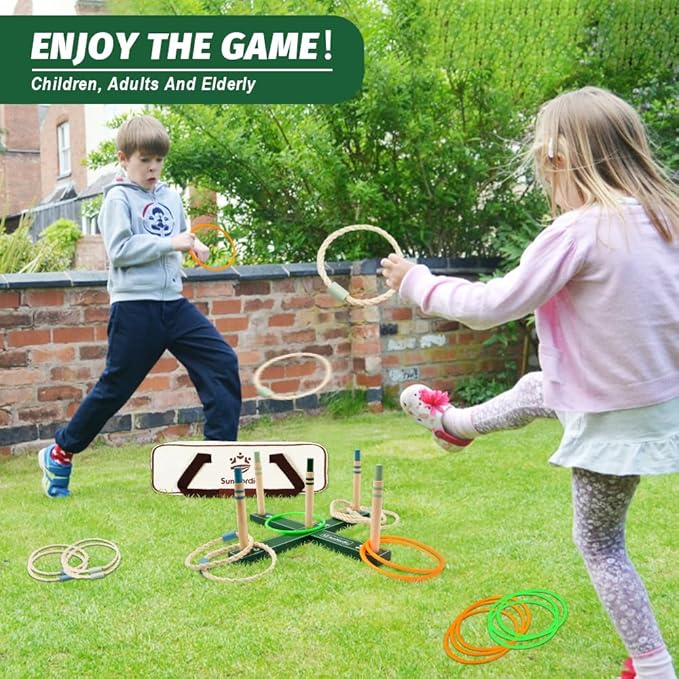 Wooden Ring Toss Game Set, Backyard Beach Camping Game with Toss Rings & Portable Carrying Bag, Outdoor Lawn & Yard Games for Kids, Adults & Family
