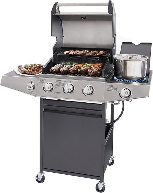 Unovivy 3-Burner Propane Gas Grill with Side Burner, Portable BBQ Grills with Oil Tray and Built-in Thermometer for Outdoor Barbecue, Camping, Patio, Backyard, 39,650 BTU