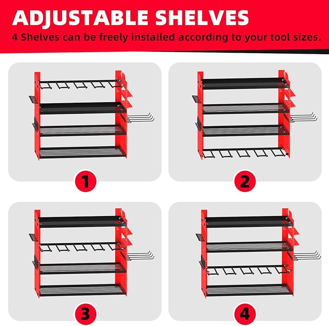 Power Tool Organizer Wall Mount with 4-Drill Holders-400Lbs Load Heavy Duty Metal 4-Layers Garage Storage & Organization Battery Tools Rack with Side Panels Utility Racks Workshop Gifts for Men