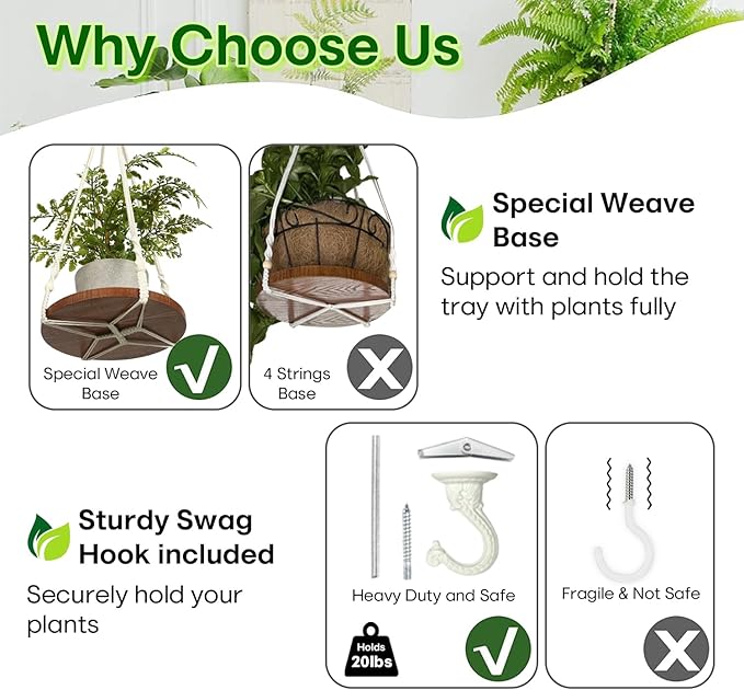 2 Tier Macrame Plant Hanger | Plant Hanger Indoor, Hanging Planter | Hanging Planter Shelf (Jute) (Large, 12" Shelf)