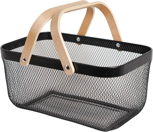 Metal Mesh Steel Harvest Basket, Rectangle Wire Garden Basket with Handle – Multi-Functional Storage Organizer for Gathering Vegetables, Fruits, Kitchen, Garden, Picnic & Cabinet (Ebony)