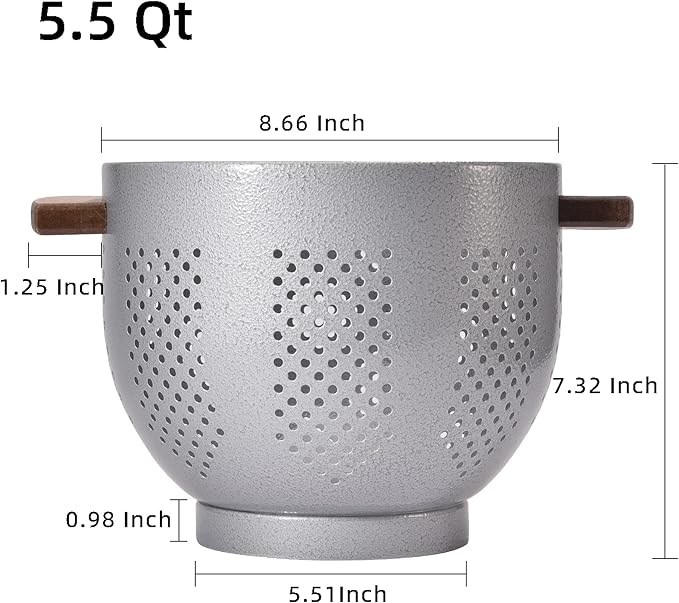 Metal Colander with Wood Handle and Stable Base, Powder Coated Steel Kitchen Strainer Basket for Draining Pasta, Vegetable and fruit(5.5quart,Greyhammertone)