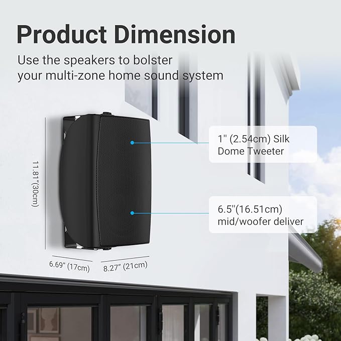 Herdio 400W 6.5 Inch Passive Outdoor Speakers Wired Waterproof,2 Way Wall Mounted Speakers with Powerful Bass for Patio Home Indoor Poolside Deck Backyard (Pair,Black)