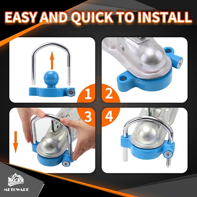 METOWARE Trailer Coupler Lock Universal Adjustable Heavy-Duty Steel Trailer Hitch Lock, Anti Theft Trailer Ball Lock Towing Lock for Towing Trailer Security Fits 1-7/8",2”, 2-5/16" Coupler Blue