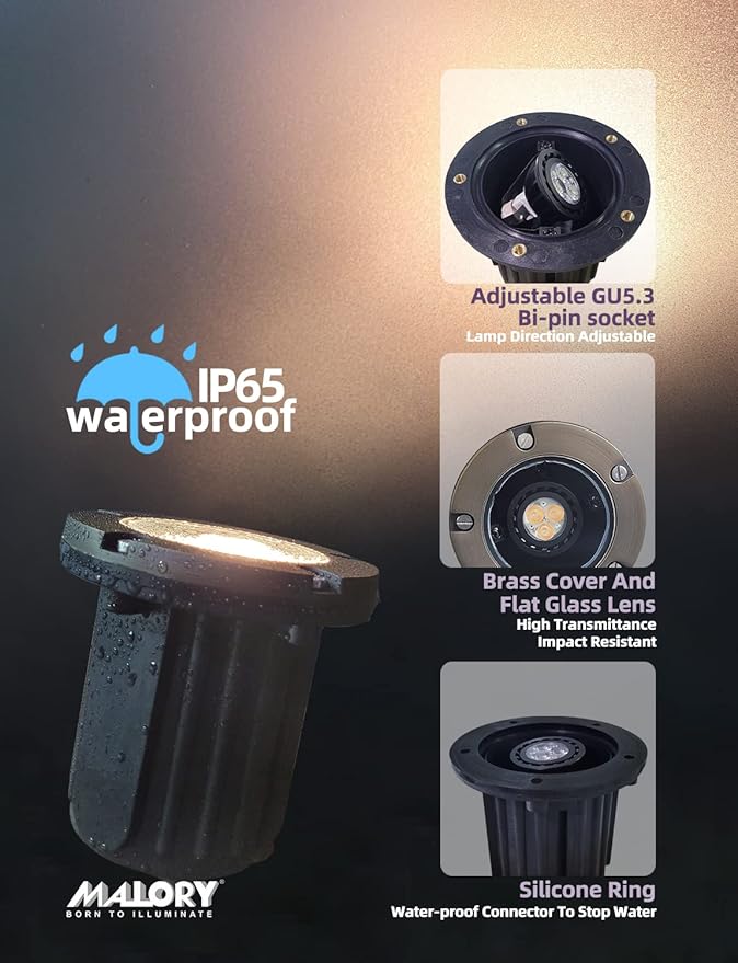 MALORY Low Voltage Landscape Lights, (4.6''H) Brass Top Cover 12V Outdoor In Ground Lights, LED Landscape Well Lighting for Pathway, Driveway, Deck Step and Garden 1 Pack with MR16 Bulb (Flat Top)