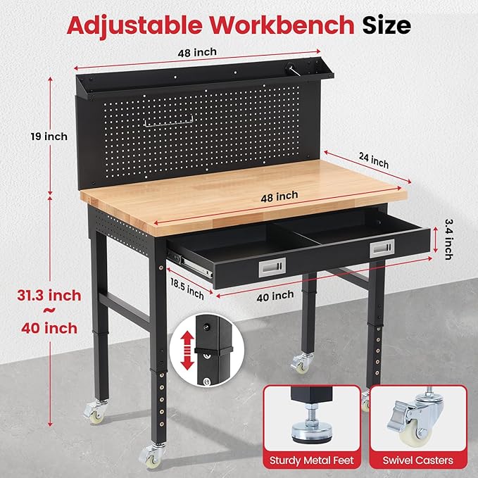 Work Bench for Garage 48 Inch Heavy Duty Rubberwood Tabletop Workbench with Wheels, Pegboard, Drawers, Power Outlets Adjustable Height Work Table for Home, Office, Workshop