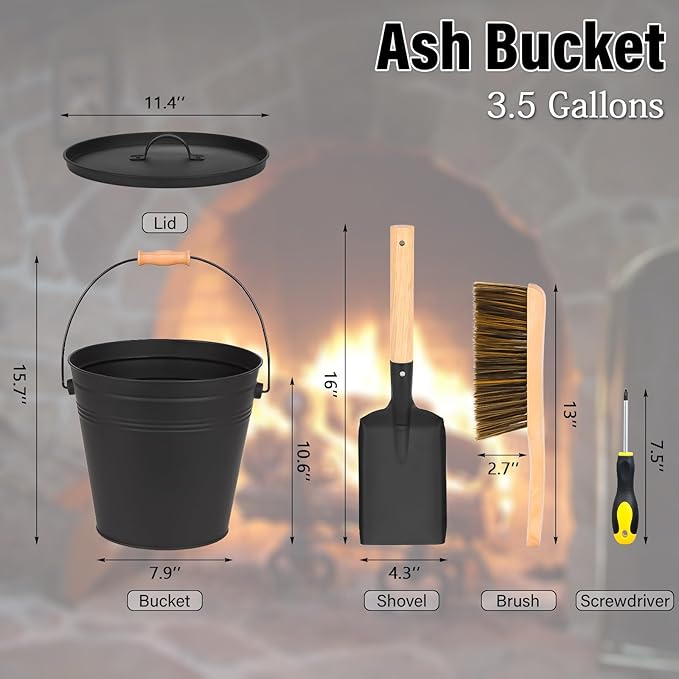 FEED GARDEN 3.5 Gallon Ash Bucket with Lid,Shovel,Broom and Screwdriver, Ash Can for Fireplace Fire Pits,Hearth,Wood Stoves,Fireplace Galvanized Iron Bucket,Pellet Charcoal BucketIndoor Outdoor，Black