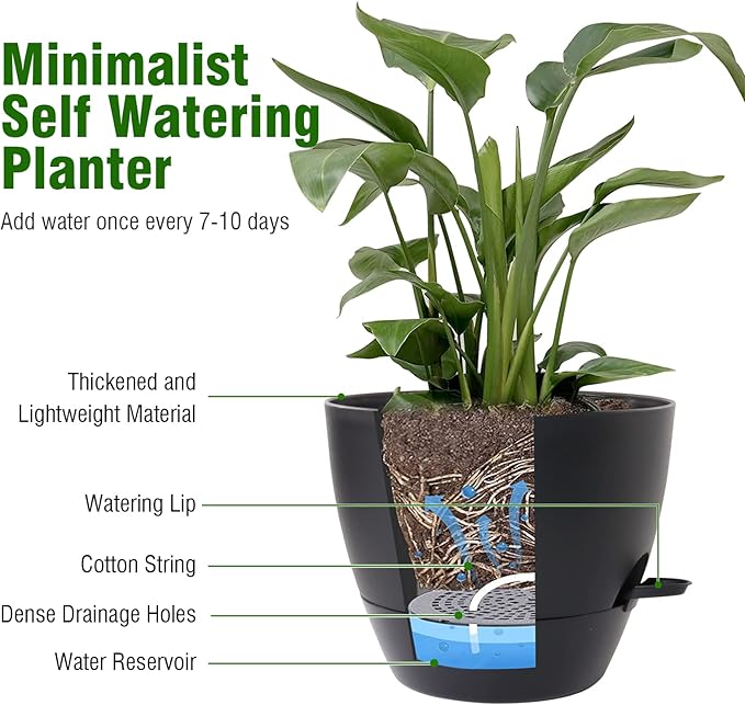 12 inch Large Self Watering Pots, Flower Plant Pots with Multi Mesh Drainage Holes for Indoor Outdoor Garden Plants and Flowers, Plastic Planters with Removable Deep Reservoir, Black