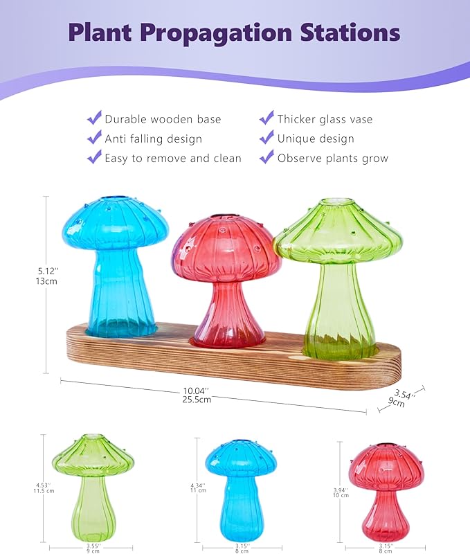Nacome Mushroom Glass Propagation Station for Plants: Set of 3 Colored Vases Terrarium Kit for Home Office Indoor Hydroponics Decor - Birthday Gifts for Women Mom Grandma