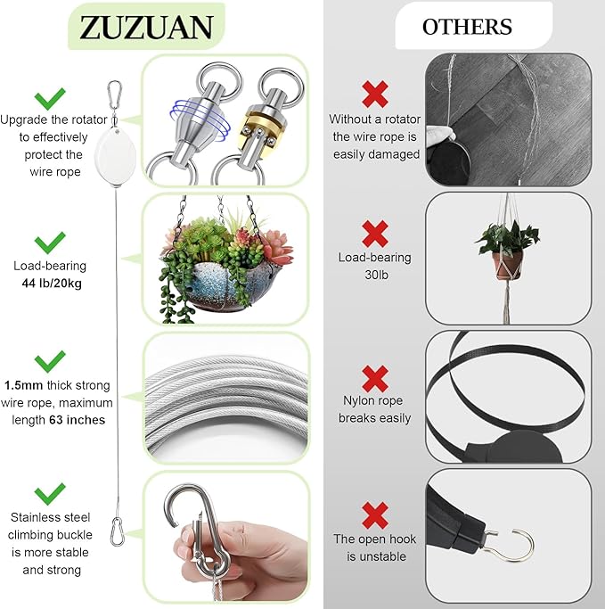 2Pcs Upgraded Heavy Duty Retractable Plant Hanger,Plant Pulleys for Hanging Plants,Easy to Raise and Lower,Auto Lock,Adjustable Hook for Garden Baskets Pots,Birds Feeder and Wind Chime,White