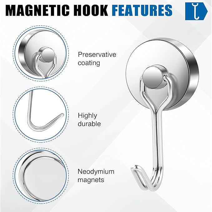 LOVIMAG Hooks, 80lbs+ Magnetic Magnet Hook 2025 Cruise Cabin Ship Essentials Heavy Duty Strong Refrigerator Fridge Hanging for Classroom Beach Vacation Kitchen Grills Home Mug Hanger (6 Pack), Silver