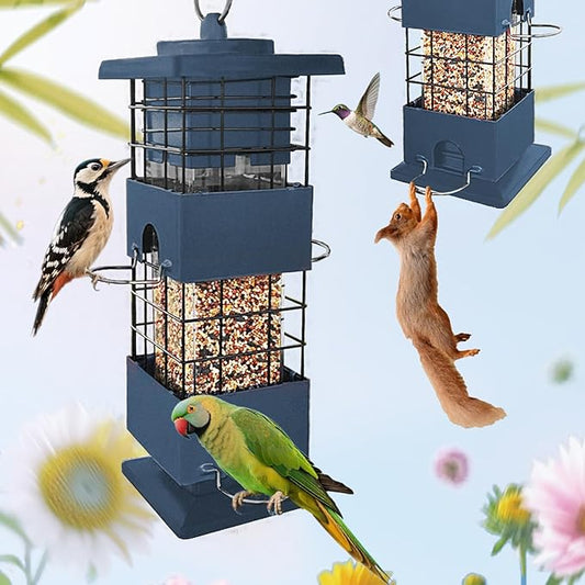 Squirrel Proof Bird Feeder for Outdoors,3Lbs Metal Birdfeeders Squirrel Proof with 4 Feeding Ports for Outside, Birds Seed Feeder for Cardinal, Finch, Sparrow,Bluejay (Blue)