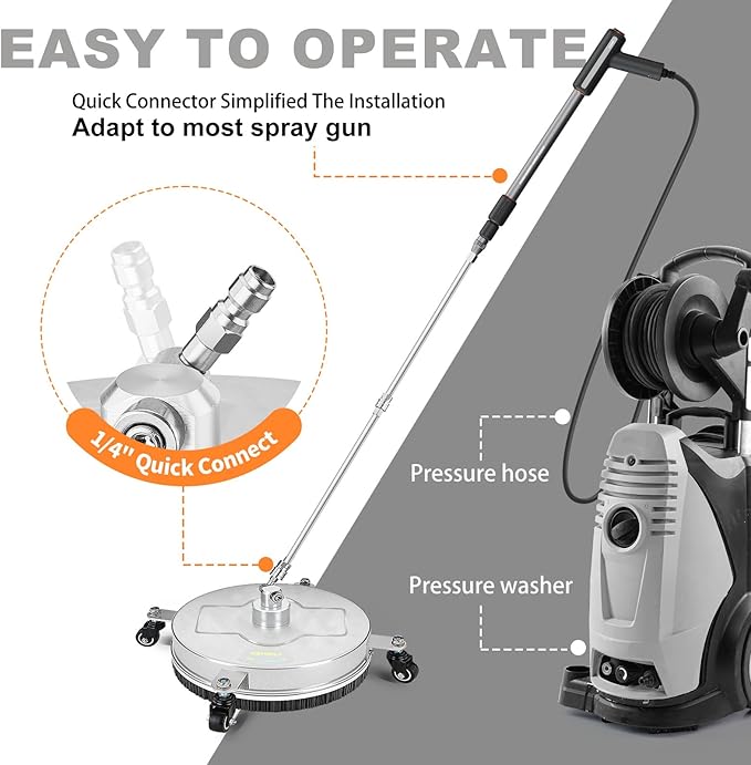 18" Pressure Washer Surface Cleaner with 4 Wheels, Stainless Steel Power Pressure Washer Attachment for Driveway Concrete Patio Cleaning, 2 Extension Wand Accessories, 1/4" Quick Connect, 4000PSI