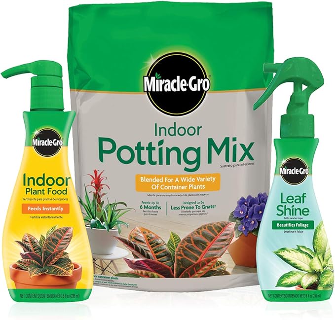 Miracle-Gro Indoor Potting Mix, Indoor Plant Food & Leaf Shine - Bundle of Potting Soil (6 qt.), Liquid Plant Food (8 oz.) & Leaf Shine (8 oz.) for Growing, Fertilizing & Cleaning Houseplants
