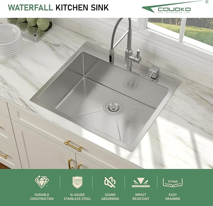 25 x 22 Inch Drop In Kitchen Sink Stainless Steel Single Bowl 25 Inch Drop In RV Laundry Utility Sink Large Deep Handmade Topmount Sinks 25"x22"x9"