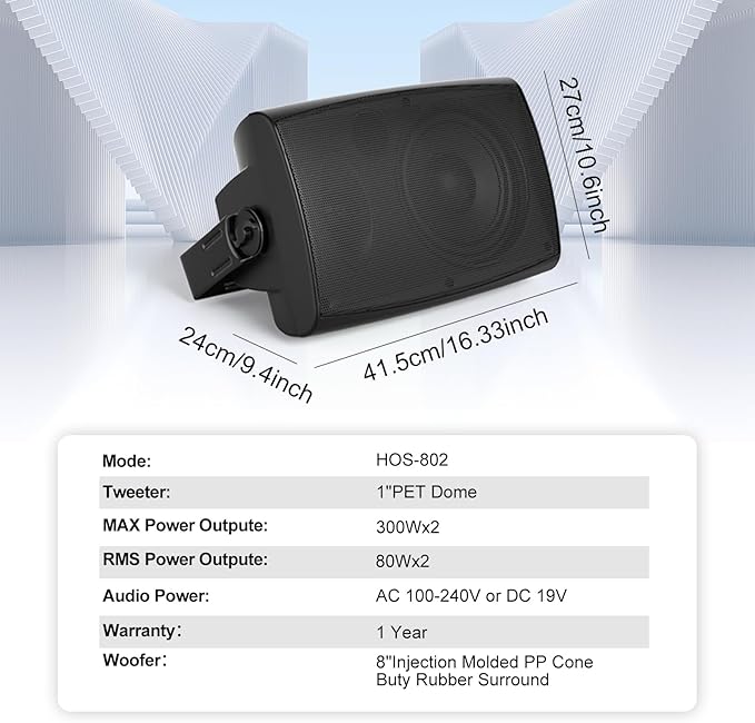 STUDIOFINIX 8-Inch 600W Passive Outdoor Speakers, IP44-Rated Waterproof, Wired Connection, Wall-Mountable All-Weather Speakers for Patio, Indoor, Deck, Yard (1 Pair, Black)