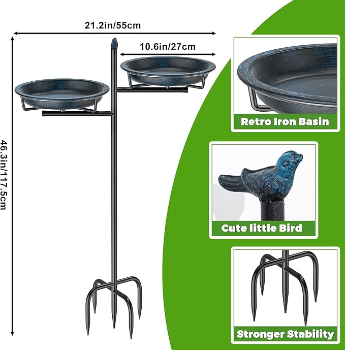 2-in-1 Metal Bird Bath for Outside, Vintage Freestanding Birdbaths Feeder Bowl, Stable & Easy to Clean Birdfeeder for Outdoors Garden Yard Lawn Decor (Vintage Blue)