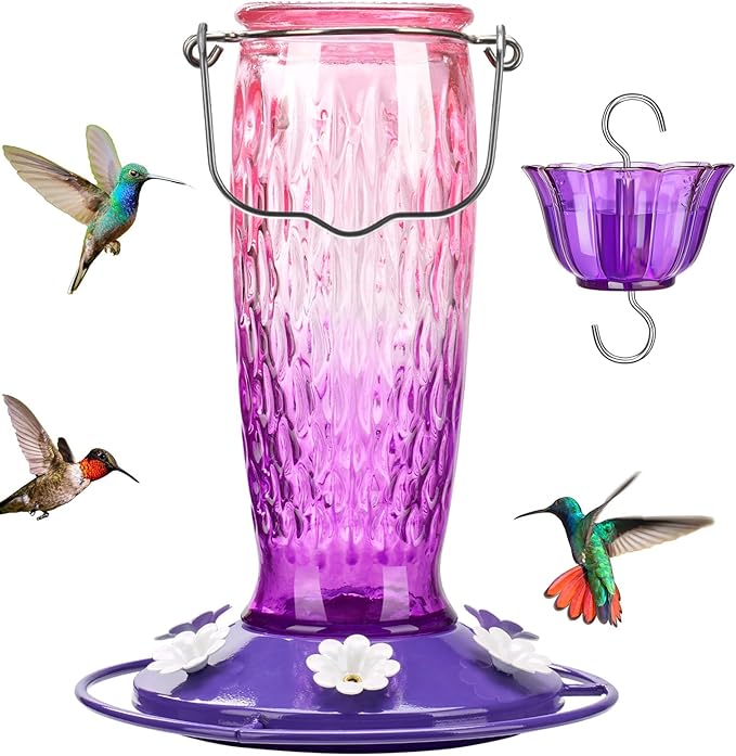 Kingsyard Hummingbird Feeders for Outdoors Hanging, 24 Ounce, Glass Hummingbird Feeder with Ant Moat & 6 Bee Guard Feeding Ports, Leak-Proof, Pink & Purple