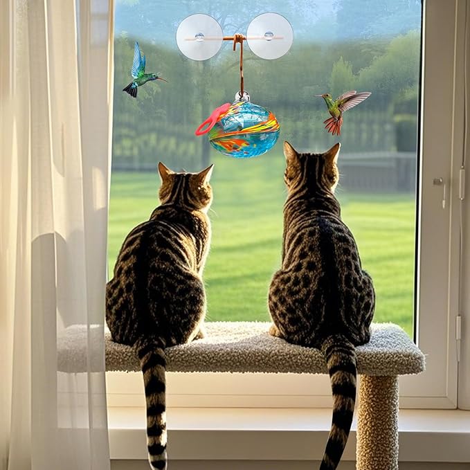 Window Hummingbird Feeder with Suction Cups,Hand-Blown Glass Hummingbird Feeders for Outdoors Window Mounted with Metal Hook,Close Bird Watching,Finch in Garden,Yard(Blue)