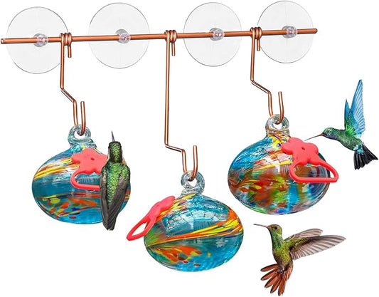 Window Hummingbird Feeder with Suction Cups,Hand-Blown Glass Hummingbird Feeders for Outdoors Window Mounted with Metal Hook,Close Bird Watching,Finch in Garden,Yard(Blue)