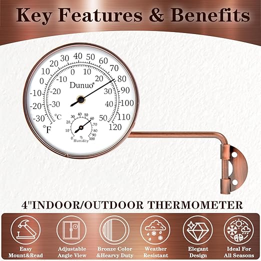 Outdoor Thermometer - Weatherproof & Decorative Outside Temperature Gauge for Window, Greenhouse Accessories and Patio (Easy-Read Brass Swivel Design) (4inch with Longer arm)