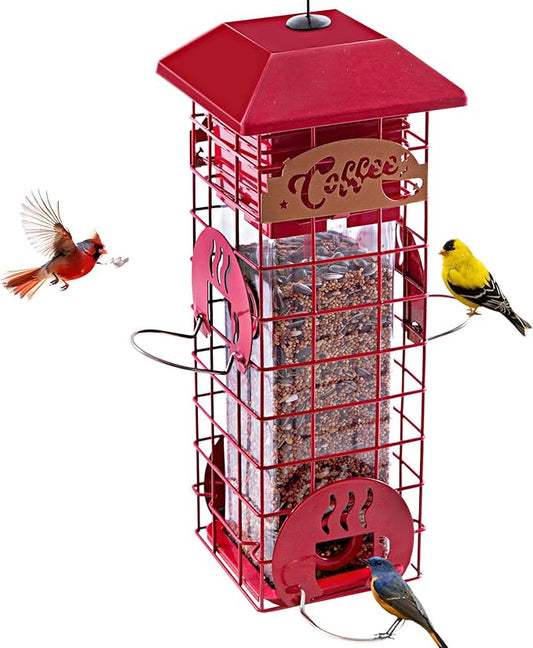 Squirrel Proof Bird Feeders for Outdoors Tube Metal Mesh Hanging Bird Seed Feeder for Outside Pole Weight -Activated & 4 Adajustable Perschs 2.2 lbs Capacity (Red)