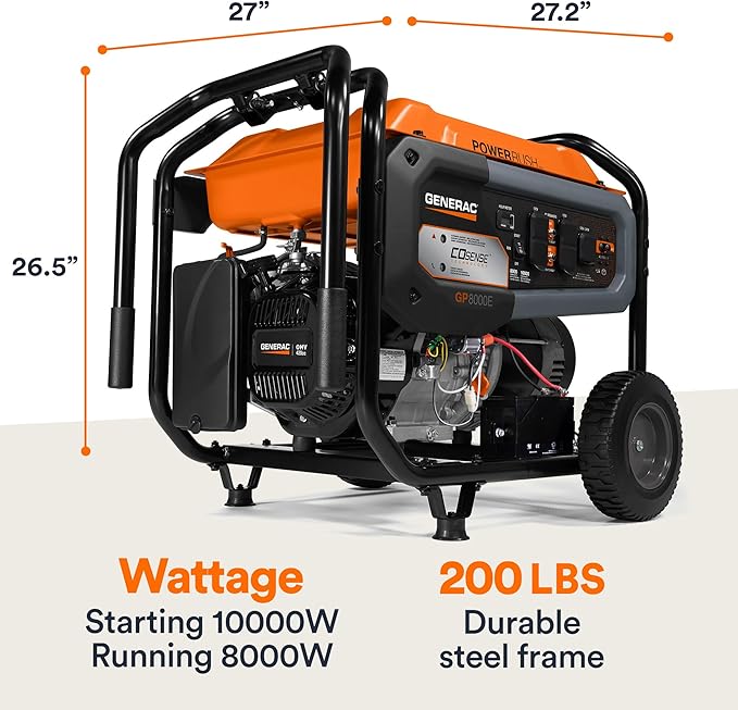 Generac 10,000/8,000-Watt Portable Gas Generator - Electric Start - Home Backup or RV Ready - Heavy Duty Frame - Quiet, Long Runtime, Emergency Power - 49-State Compliant