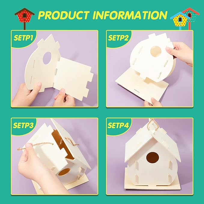 21 Sets DIY Birdhouse Kit to Build and Paint, Include Unfinished Wooden Bird House, Strips and Colorful Painting Pens for Fun Craft Activity Creative DIY Art Project