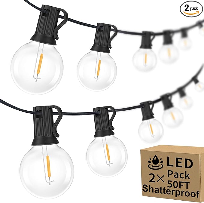 100ft 2-Pack Outdoor G40 LED Globe String Lights Dimmable Waterproof Shatterproof Light Strings with 52 Bulbs Connectable Commercial Hanging Lights for Christmas Patio House Backyard Balcony Party