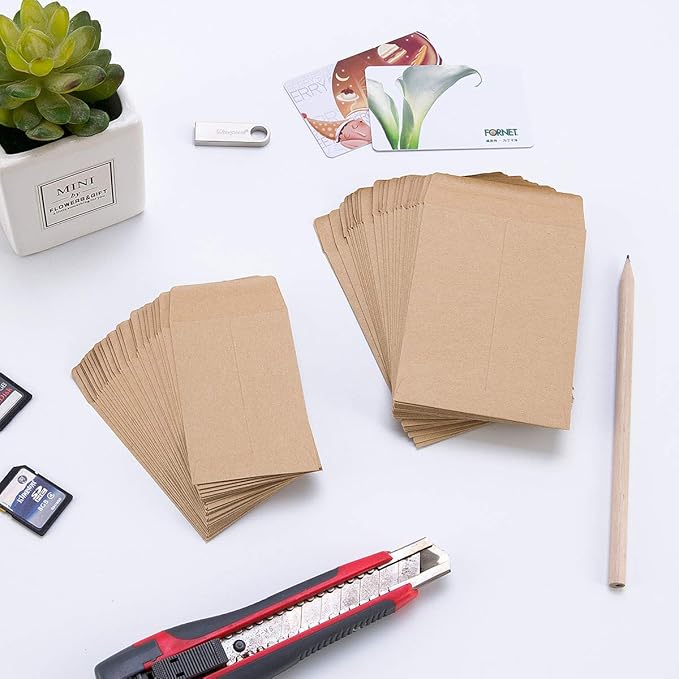 100 Pack Small Coin Envelopes Self-Adhesive Kraft Paper Seed Envelopes Mini Parts Small Items Stamps Storage Packets Envelopes for Garden, Office or Wedding Gift (Brown, 3.23×4.53 inch)