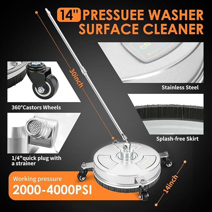 14" Pressure Washer Surface Cleaner, Stainless Steel Power Pressure Washer Attachment for Concrete, Patio, Driveway, Deck Cleaning, 2 Extension Wand Accessories, 1/4" Quick Connect, 4000 PSI