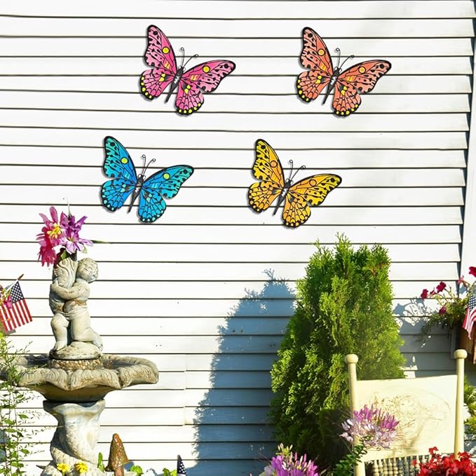 Metal Butterfly Wall Decor - 9.6" Outdoor Fence Wall Art Decor, Hanging Decoration for Garden Yard Living Room Bedroom Patio Balcony(4 Pack)