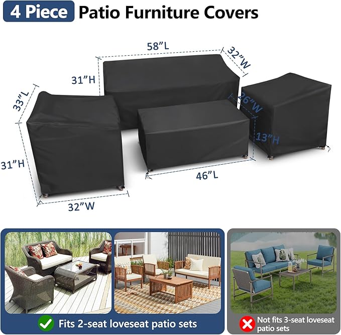 STARTWO Patio Furniture Covers, 4 Piece Heavy Duty Waterproof Outdoor Furniture Cover Set for Rattan Wicker Couch Chairs,Windproof Buckle Strap,Black