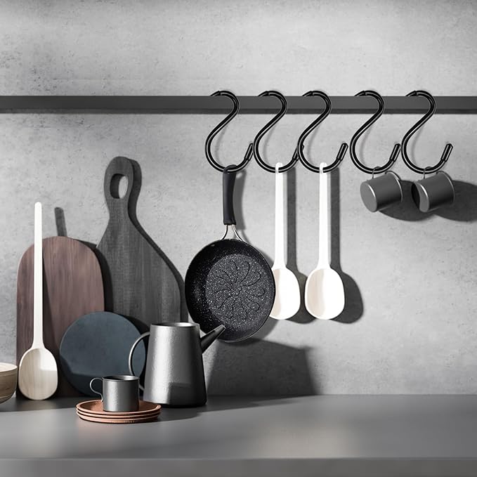 24 Pack 3 Inch S Hooks for Hanging Plants, Small Heavy Duty Vinyl Coated Non-Slip Black Hooks, Pot Rack Closet Hooks for Clothes, Kitchen Utensils, Pots, Pans, Bags