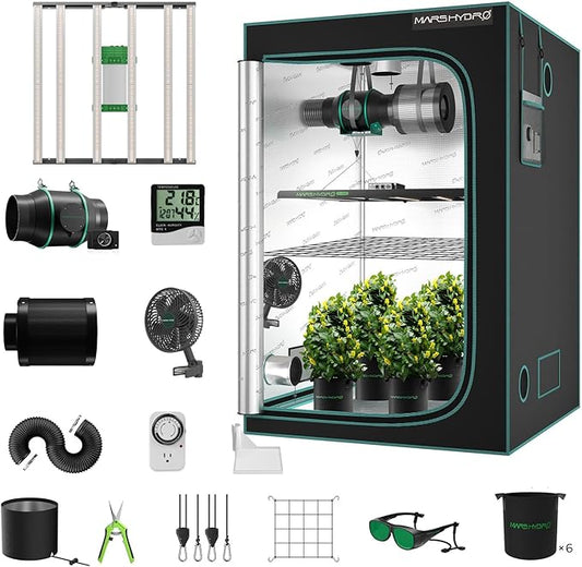 MARS HYDRO 4x4 Smart Grow Tent Kit Complete System,480W FC-E4800 APP WIFI Control Light 2646pcs LED,1680D High Reflective Mylar,with 6inch 32dB,402CFM Adjustable Ventilation Kit,10 Speed Grow Tent Fan