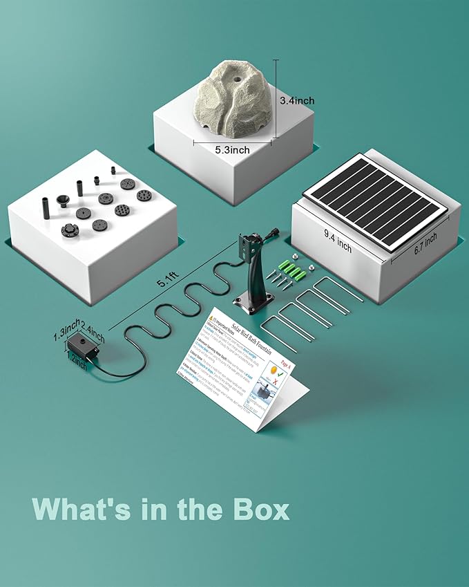 Solar Fountain for Bird Bath with Dry Run Protection Solar Powered Bird Bath Pump with 10 Nozzles,Resin Granite Rock Bird Fountain for Outdoor Water Features,Ponds,Can Cloudy Day Use（White）