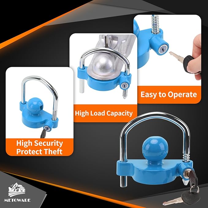 METOWARE Trailer Coupler Lock Universal Adjustable Heavy-Duty Steel Trailer Hitch Lock, Anti Theft Trailer Ball Lock Towing Lock for Towing Trailer Security Fits 1-7/8",2”, 2-5/16" Coupler Blue