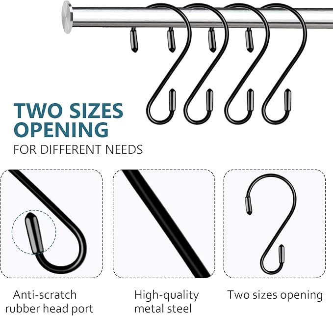 20 Pack 3.15 Inch S Hooks Stainless Steel Hanging Hooks Heavy Duty S Hooks for Hanging Kitchenware, Pots, Pans, Plants, Clothes, Towels in Kitchen, Bathroom, Closet, Garden (Black)