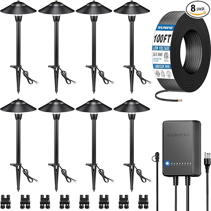 SUNVIE All-in-One LED Pathway Lighting Kit, 8-Pack Low Voltage Landscape Lights with Transformer and 100FT 16/2 AWG Wire, 3000K Waterproof Landscape Lighting with Connectors for Walkway Garden Yard