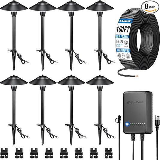 SUNVIE All-in-One LED Pathway Lighting Kit, 8-Pack Low Voltage Landscape Lights with Transformer and 100FT 16/2 AWG Wire, 3000K Waterproof Landscape Lighting with Connectors for Walkway Garden Yard
