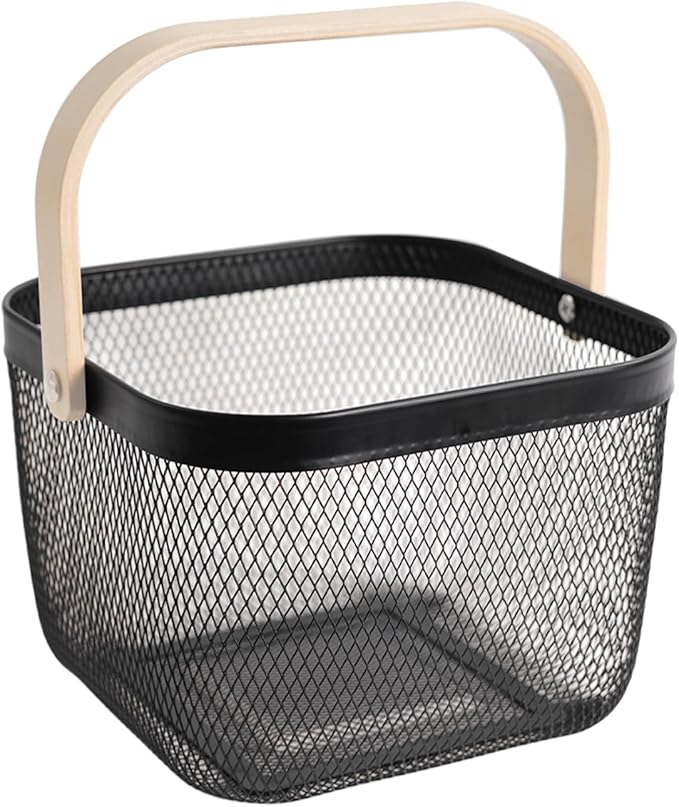 Metal Mesh Steel Harvest Basket, Square Wire Garden Basket with Handle – Multi-functional Storage Organizer for Gathering Vegetables, Fruits, Kitchen, Garden, Picnic & Cabinet (Black)