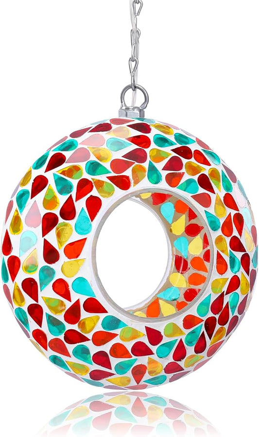 Yinns 9.5Inch Solar Mosaic Bird Feeder for Outside Hanging, Glass Birdfeeder with Round Shape Container, Bird Feeders Garden Decor